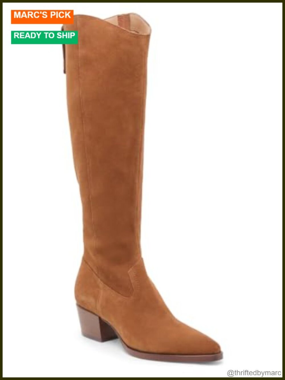 Coutgo Women Knee High Wide Calf Boots Chunky Heel Pointed Toe Zip Faux Suede